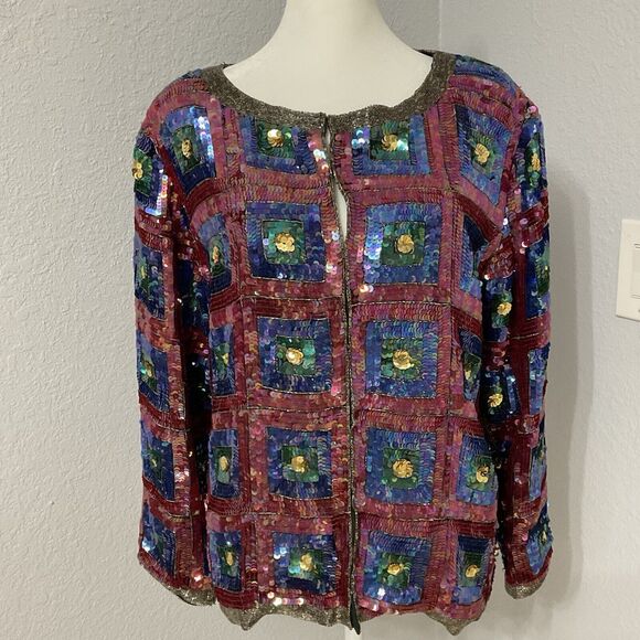 Vintage Joseph Le Bon Jacket Women's Large Silk Beaded Sequin Lined Pink & Blue - Picture 1 of 6